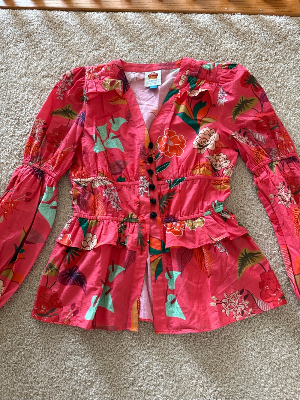 NWOT Farm Rio Red Orange Floral Ruffle Button Up Long Sleeve Blouse Top - Picture 2 of 4